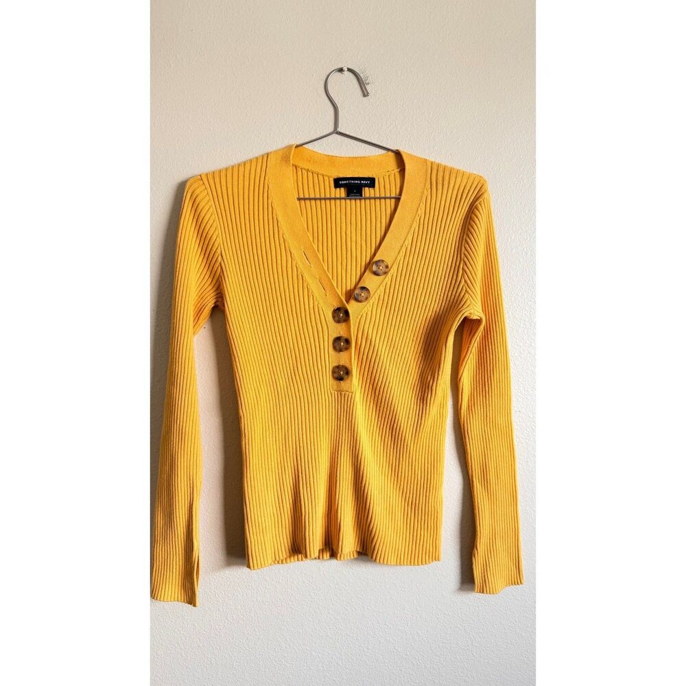SOMETHING NAVY Ribbed Henley Sweater Yellow V Neck Button Long Sleeve Size S